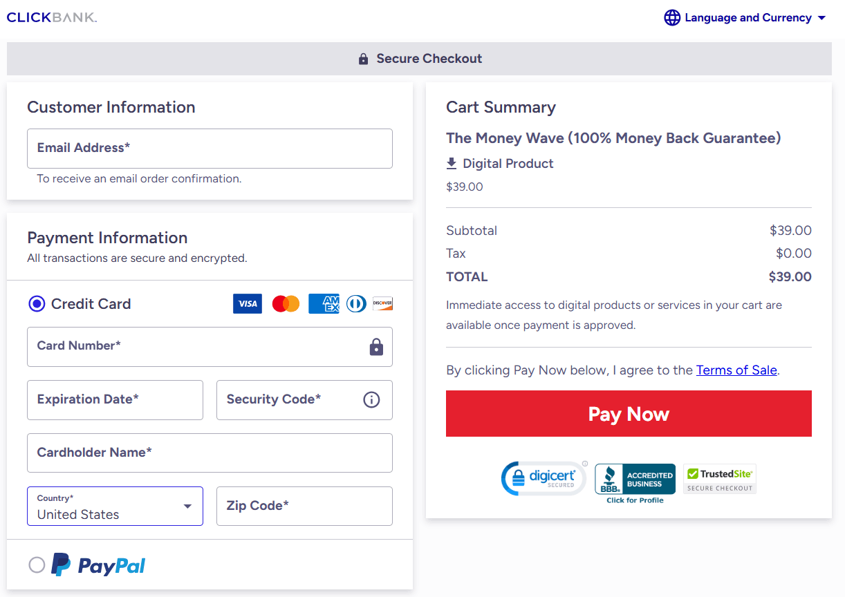 The Money Wave Checkout Page